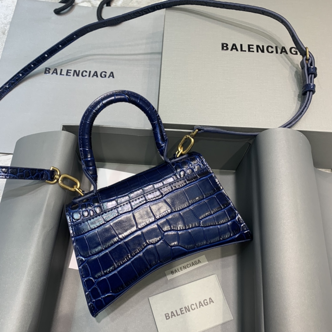 Balenciaga Hourglass XS Handbag Crocodile Embossed Shoulder Bag Dark Blue